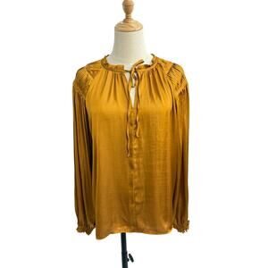 Philosophy Boho Bronze Satin Peasant Blouse with Pleated Detail, Size S